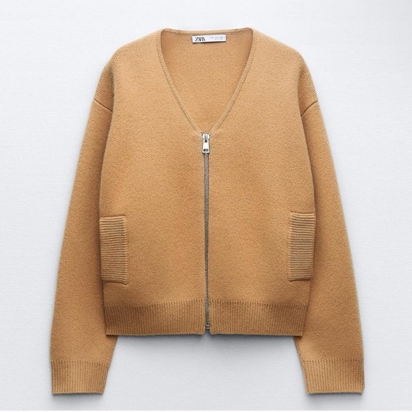 Zara Sweaters - Zara Tan V-Neck Zip Cardigan